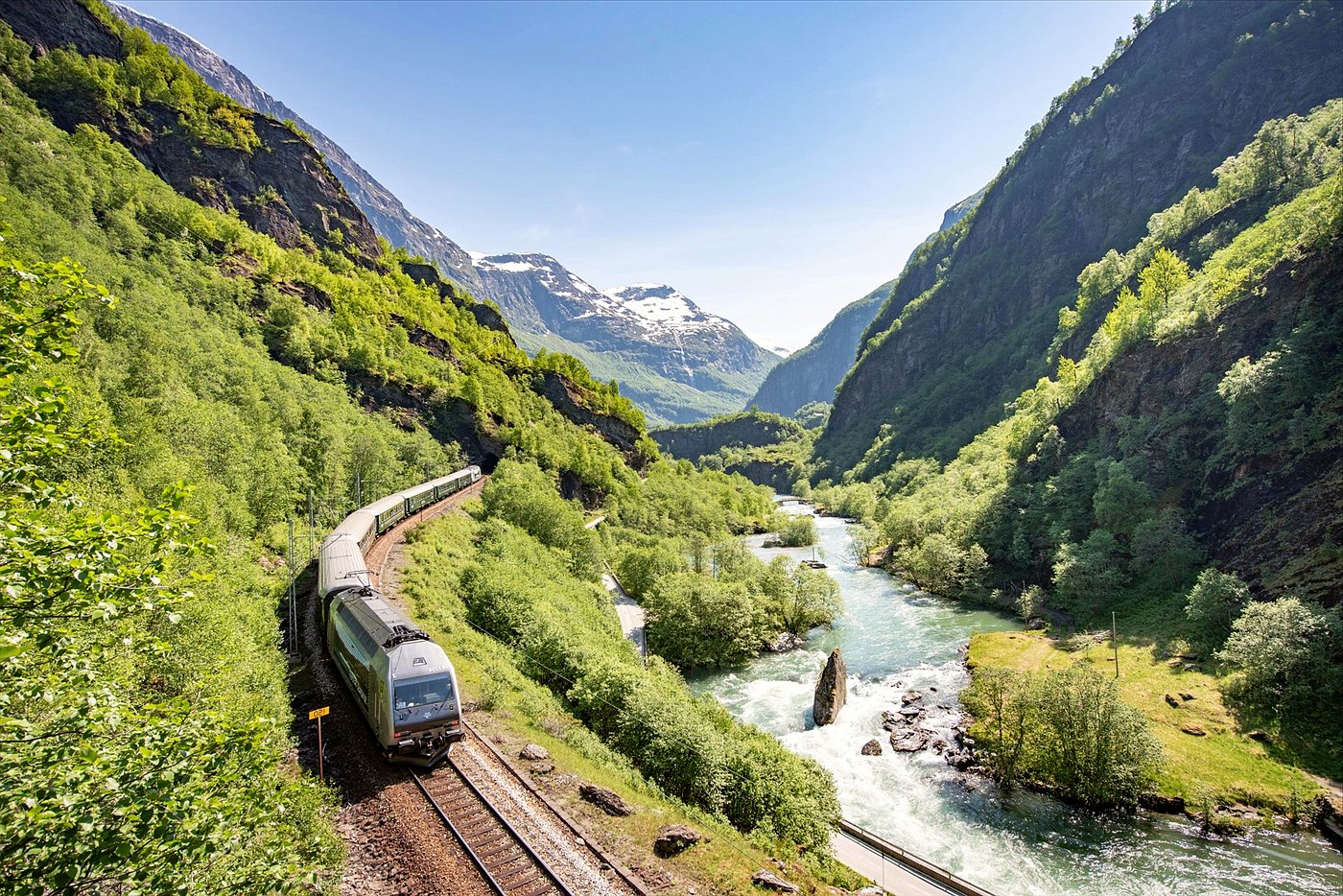 Flåm Railway train in the Flåm valley on the tour from Bergen